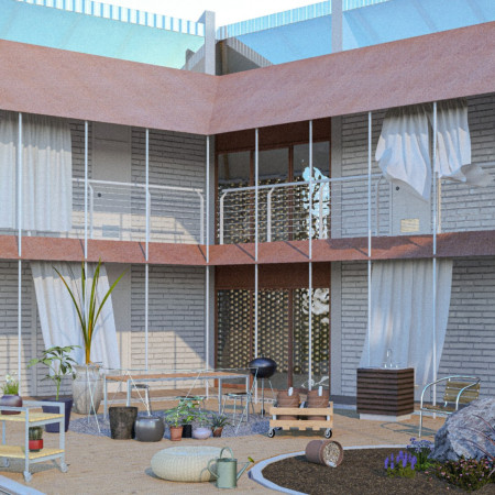 Textured Brick Facades with Integrated Courtyards for Communal Living Spaces