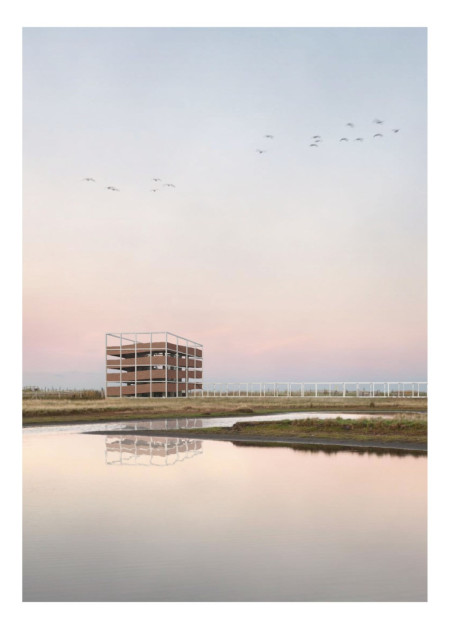 Cantilevered Structure Emphasizing Spiral Accessibility with Steel and Concrete in a Natural Landscape