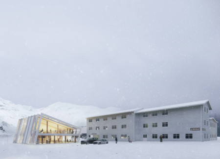 Ice-Inspired Structure Featuring Glulam Beams and Aluminum Cladding Serving as Brewery and Caf&eacute;