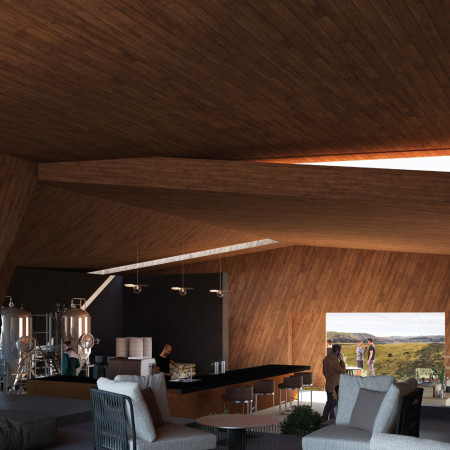 Charred Wooden Shingles and Glass Walls Intertwine in a Communal Space Set Against a Natural Landscape