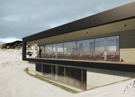 Charred Timber Facade with Red Steel Accents Creates a Community Spa and Bar Experience
