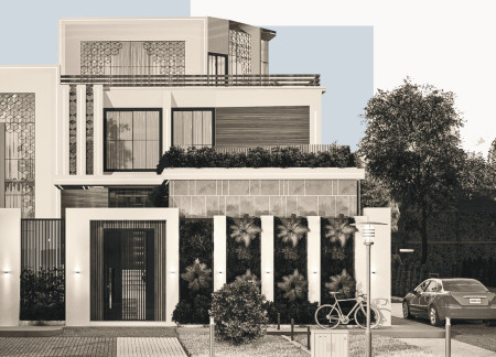 Bioplastics and Bioshank Cladding in a Modern Family Residence Emphasizing Privacy and Community