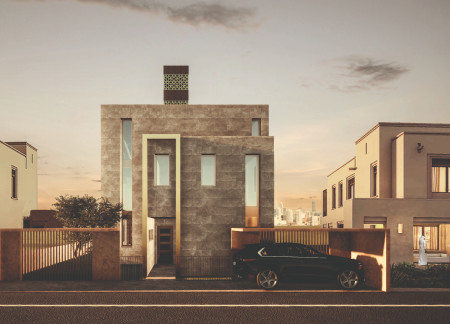 Terracotta-Clad Structure with Vertical Green Elements Embracing Sustainable Living