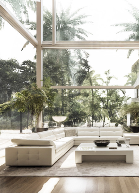 Modular Spaces with Transparent Facades and Vertical Gardens for Integrated Living and Work Environments