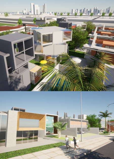 Charred Wooden Shingles Blend with Concrete in a Residential Community Focused on Sustainability