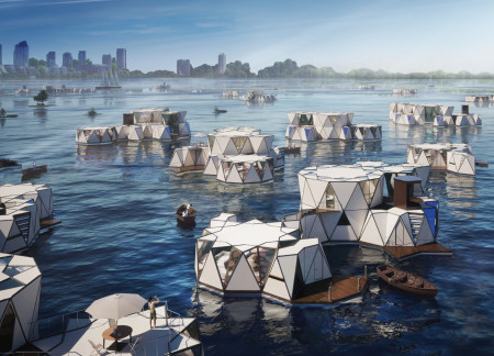 Floating Community Spaces Constructed from Fiber-Reinforced Concrete and Geometric Patterns
