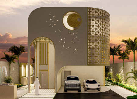 Bespoke Villa Featuring Golden Accents and Curved Windows with Traditional Arches