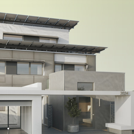 Sustainable Residence with Anodized Aluminum Shades and Recycled Concrete Elements