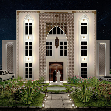 Pointed Arches and Stone Cladding Create Private Oasis in Residential Design