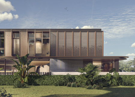 Perforated Metal Cladding and Travertine Facades Defining Sustainable Urban Living in a Courtyard Residence