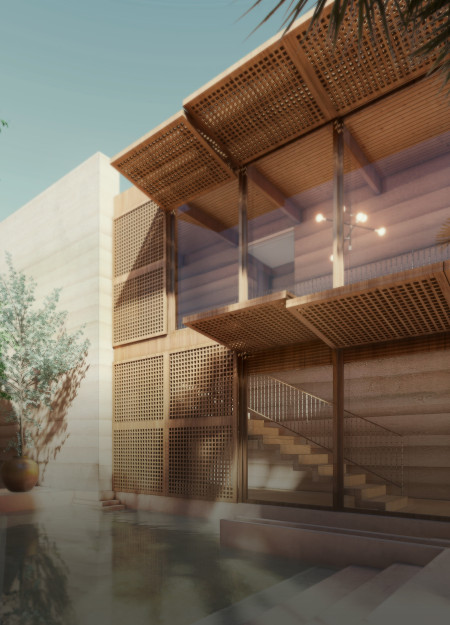 Rammed Earth Construction Enhanced by Retractable Wooden Panels in a Sustainable Family Residence