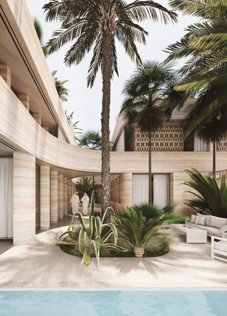 Curvilinear Forms with Natural Stone and Solar Integration in a Private Community Space