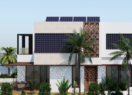 Curvilinear Form with Colored Glass Facade and Integrated Solar Panels for Sustainable Living