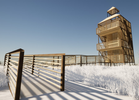Elevated Observation Tower Constructed with Light and Dark Wood Integrating Natural Forms and Community Accessibility