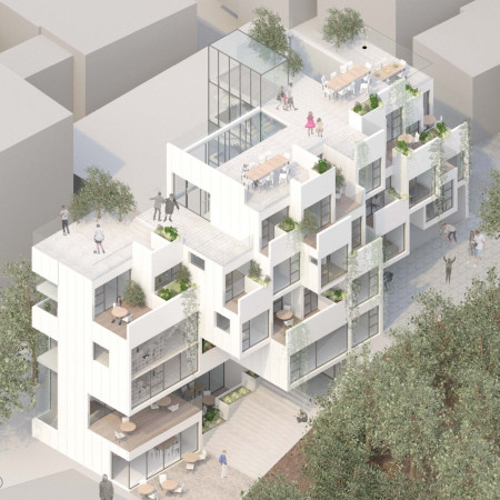 Charred Wooden Shingles and Concrete Integration in a Multigenerational Living Environment