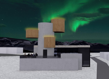 Cylindrical Volumes of Glass and Spruce Enveloping a Volcanic Retreat Experience