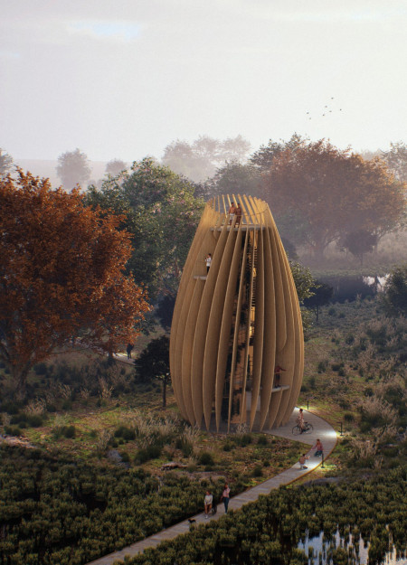 Perforated Plywood and Local Spruce Shape an Elevated Observation Hub in the Prairie