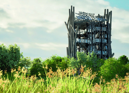Biomimetic Structure in Moss-Lined Wood Tower for Community Observation