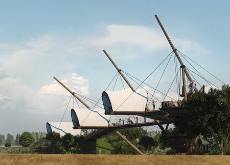 Tensile PVC Membrane Pavilions with Charred Wooden Shingles Create Cultural Hub