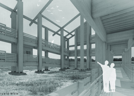 Elevated Timber Lookout with Charred Wooden Shingles Overlooking Prairie Wetlands