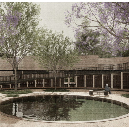 Charred Wooden Shingles and Compressed Earth Create Accessible Community Living Space Design