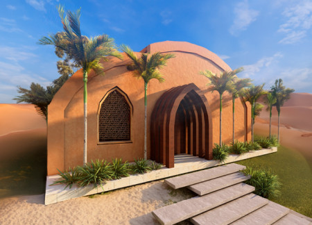 Adobe Facade with Arched Windows Integrating Wood Trusses for Community Spaces