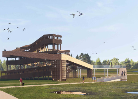 Spiraling Observation Tower Crafted from Cross-Laminated Timber Panels and Charred Wood Shingles