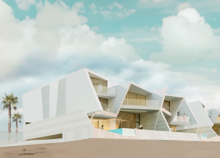 Sustainable Design Featuring White Concrete and Travertine Integration in Desert Living