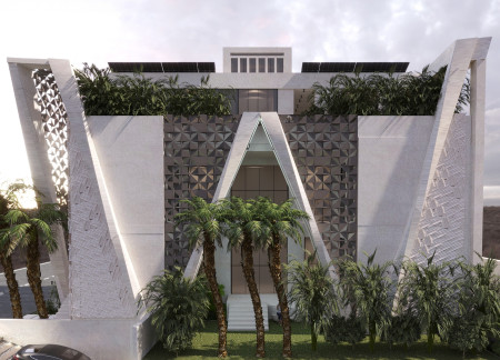 Geothermal Residence Featuring Triangular Precast Elements and Vertical Farming Roof