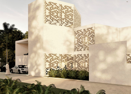 Honeycomb Structure Featuring Decorative Screens and Sustainable Landscaping for Adaptive Urban Living