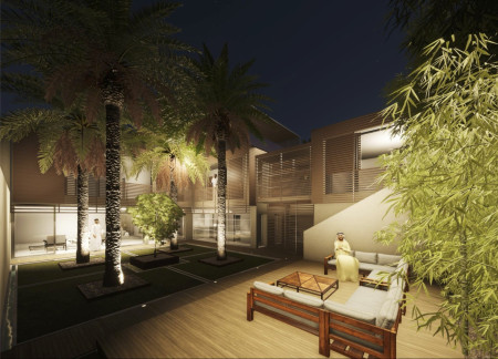 Terraced Living Spaces Enhanced by Wood Plastic Composite and Passive Ventilation Elements