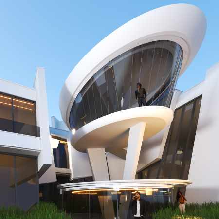 Energy-Generating Glass and Curved Structures in a Sustainable Residential Setting