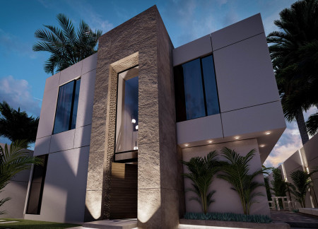 Large Glazing and Natural Stone Facade Create Seamless Indoor-Outdoor Connection in Modern Dubai Residence