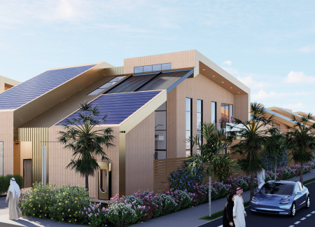 Thermoregulated Cooling Pond and Solar Panels Enhance Sustainable Living in Modern Residential Design