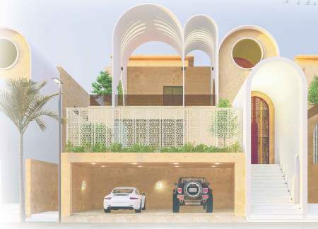 Natural Stone and Geometric Forms Integrated with Traditional Mashrabiya in Emirati Family Home