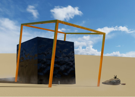 Black Glass Cube Surrounded by Vibrant Steel Frame in an Arid Landscape