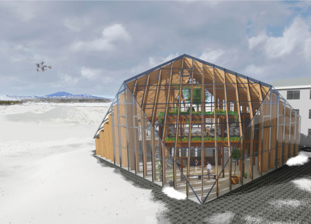 Polyhedral Crystal Roof Constructed with Locally Sourced Timber and Geothermal Energy Utilization