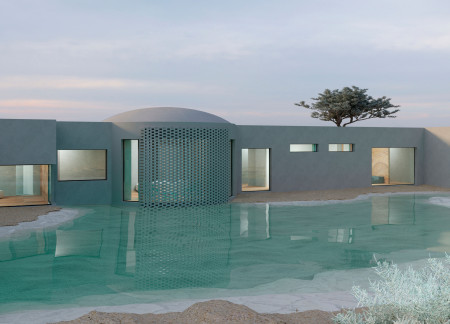 Spherical Ceilings and Reflective Surfaces Within a Sustainable Concrete Residence Adjacent to Natural Waterways