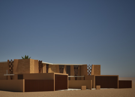 Mudbrick Integration with Slatted Wood Screens in Sustainable Residential Design