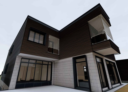 Charred Wooden Shingles and Concrete Forms in a Multi-Functional Residential Space