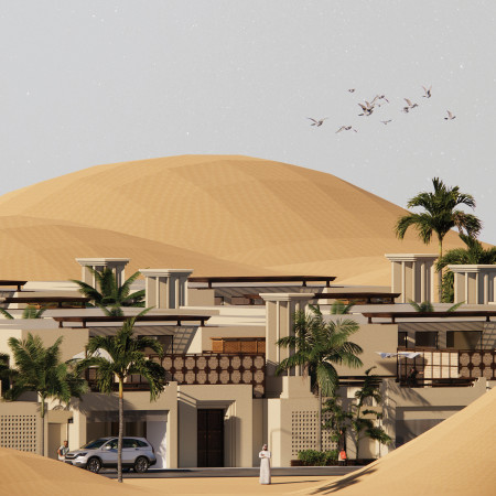 Mashrabiya-Enhanced Cooling with Natural Stone and Concrete in a Contemporary Emirati Residence