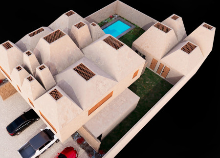 Textured Brick Facades and Pigmented Concrete Roofs in a Climate-Responsive Home