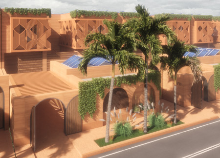 Rammed Earth Walls and Terracotta Screens Enhancing Community Living Spaces