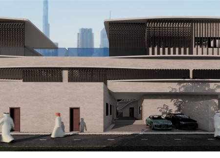 Natural Light-Filled Dwelling Beneath Wooden Mashrabiya Crafted with Beige Marble Accents