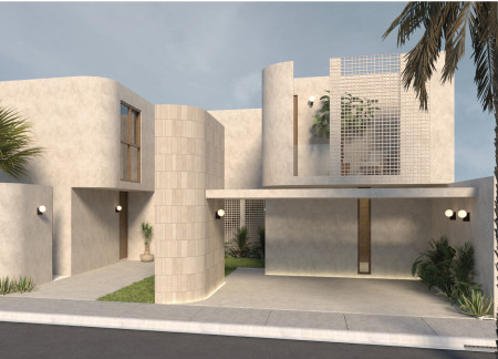 Textured Concrete Facade and Natural Stone Integration in a Sustainable Residential Oasis