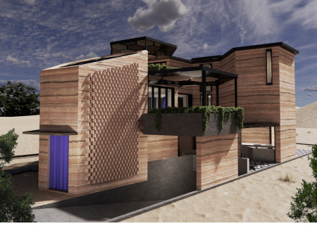 Hexagonal Modules with Natural Stone Accents and Solar Integration for Sustainable Living