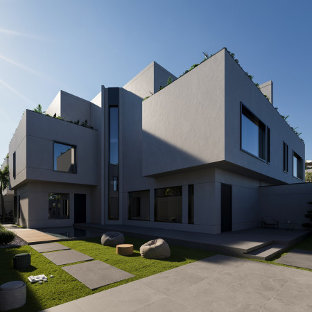 Charred Wooden Shingles and Concrete Integration in Modular Residential Design