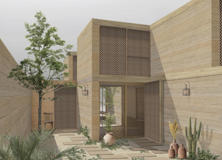 Rammed Earth Walls Enclosed by Biophilic Courtyards in a Flexible Residential Space
