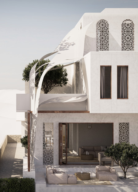 Textured Concrete and Stone-Carved Jali Integrate Within a Sustainable Desert Family Home