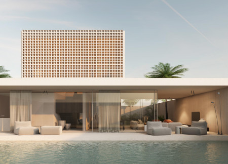 Lattice Screened Residence with Expansive Glass Facades and Integrated Courtyard